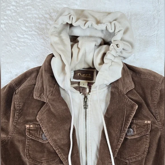 Nori Vintage Y2K Brown/Beige Corduroy Hoodie/Zip Up Blazer Size 1 Buttons - Picture 4 of 13